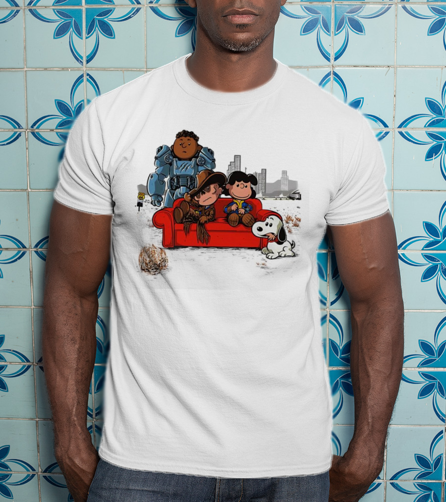 Peanuts Fallout Characters Crossover On Red Couch In Post-Apocalyptic City Scene T-Shirt