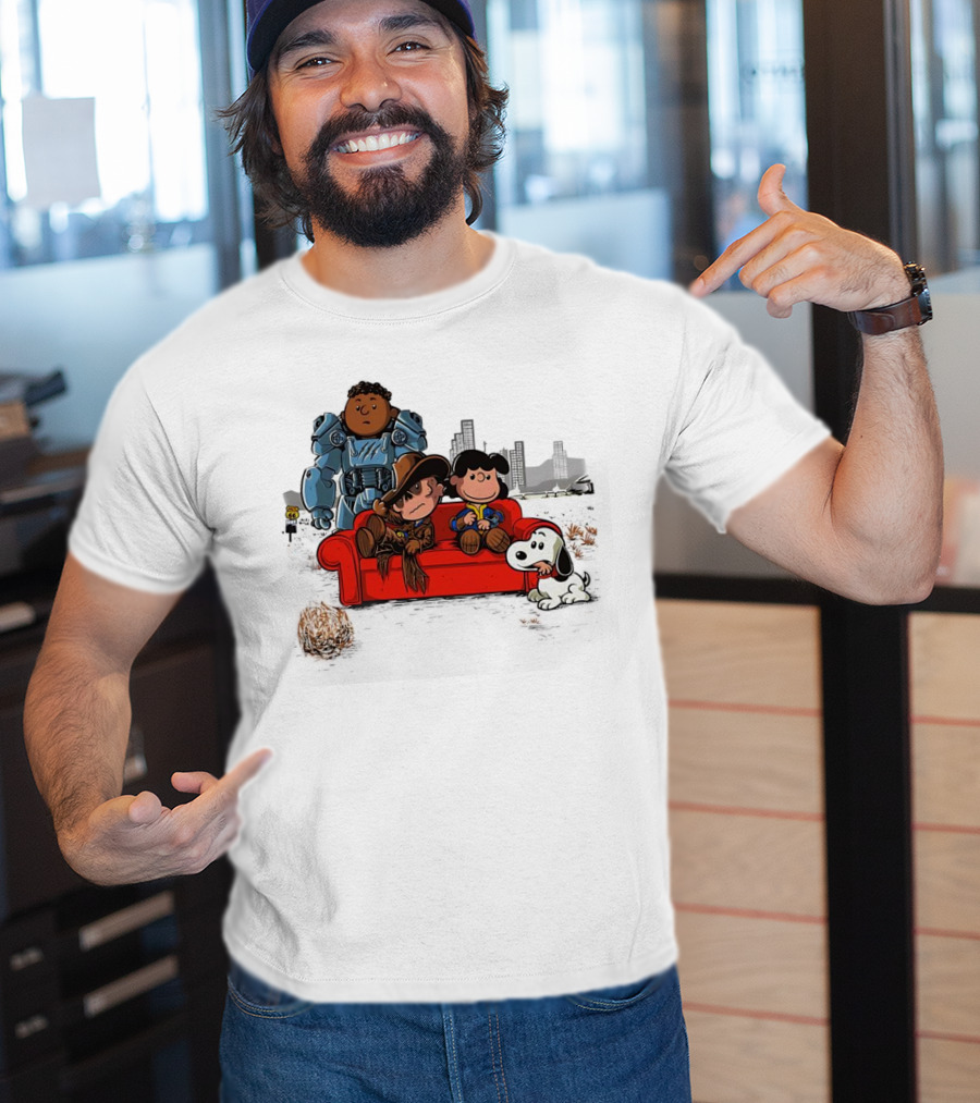 Peanuts Fallout Characters Crossover On Red Couch In Post-Apocalyptic City Scene T-Shirt