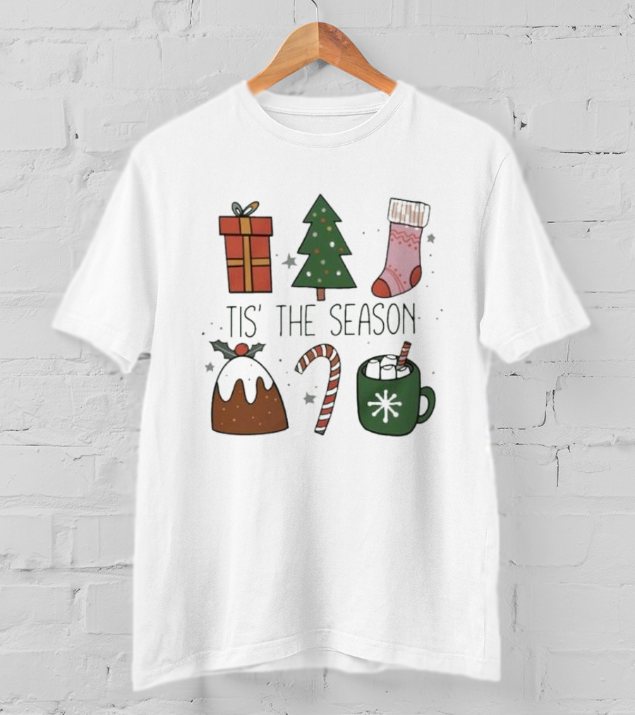 'Tis The Season Christmas Tree Stocking Gift Candy Cane Hot Chocolate T-Shirt