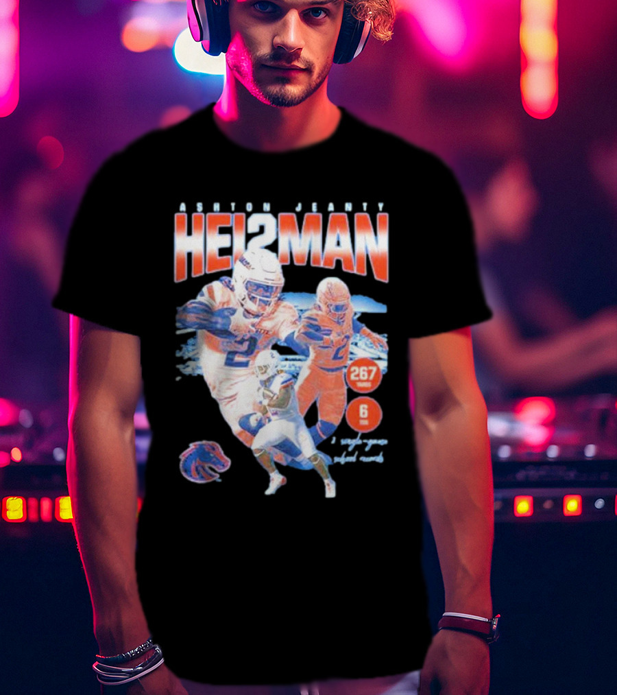 ASHTON JEANTY HEI2MAN 267 Yards 6 Touchdowns Boise State Broncos Player Collage T-Shirt