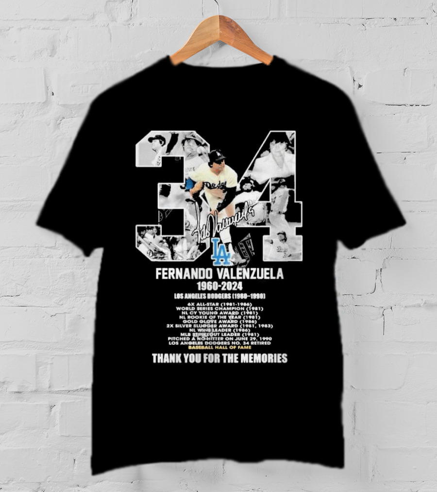 Fernando Valenzuela Los Angeles Dodgers 1980-1991 Baseball Hall Of Fame Thank You For The Memories 34 Signature T-Shirt