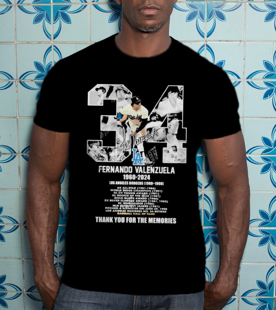 Fernando Valenzuela Los Angeles Dodgers 1980-1991 Baseball Hall Of Fame Thank You For The Memories 34 Signature T-Shirt