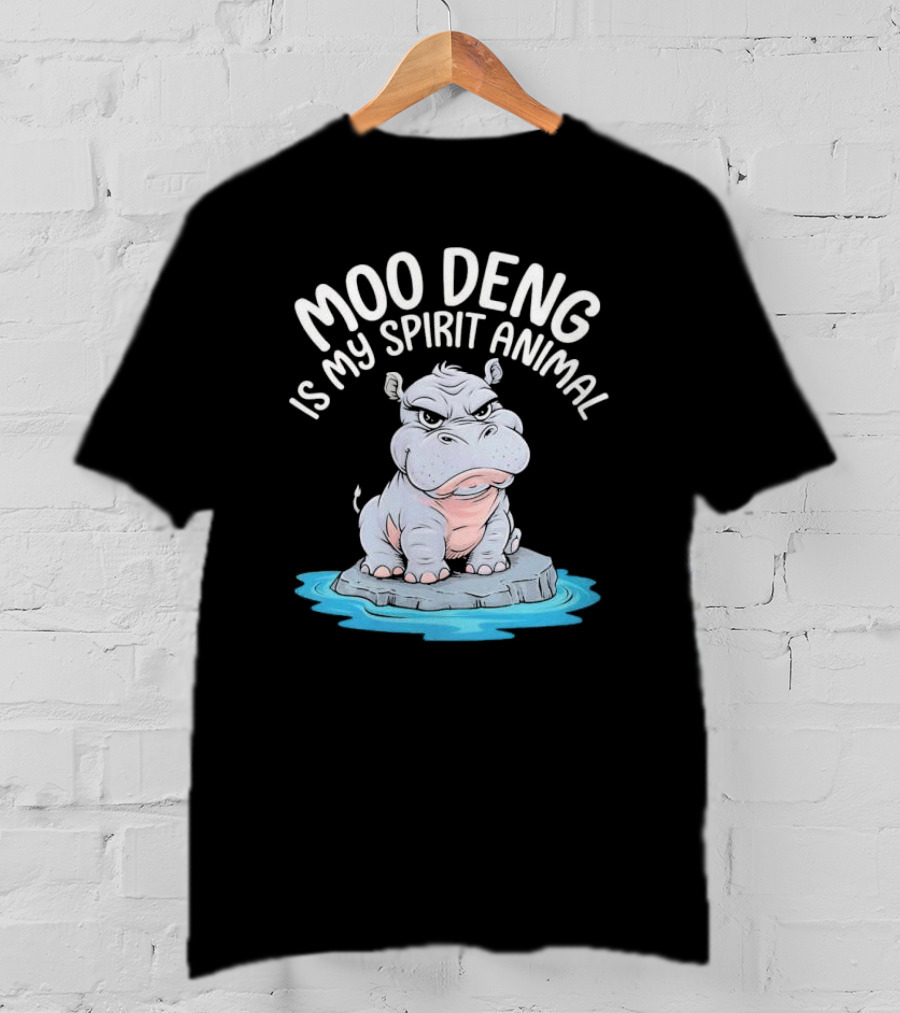 Moo Deng Is My Spirit Animal Cartoon Hippo On Rock In Water T-Shirt