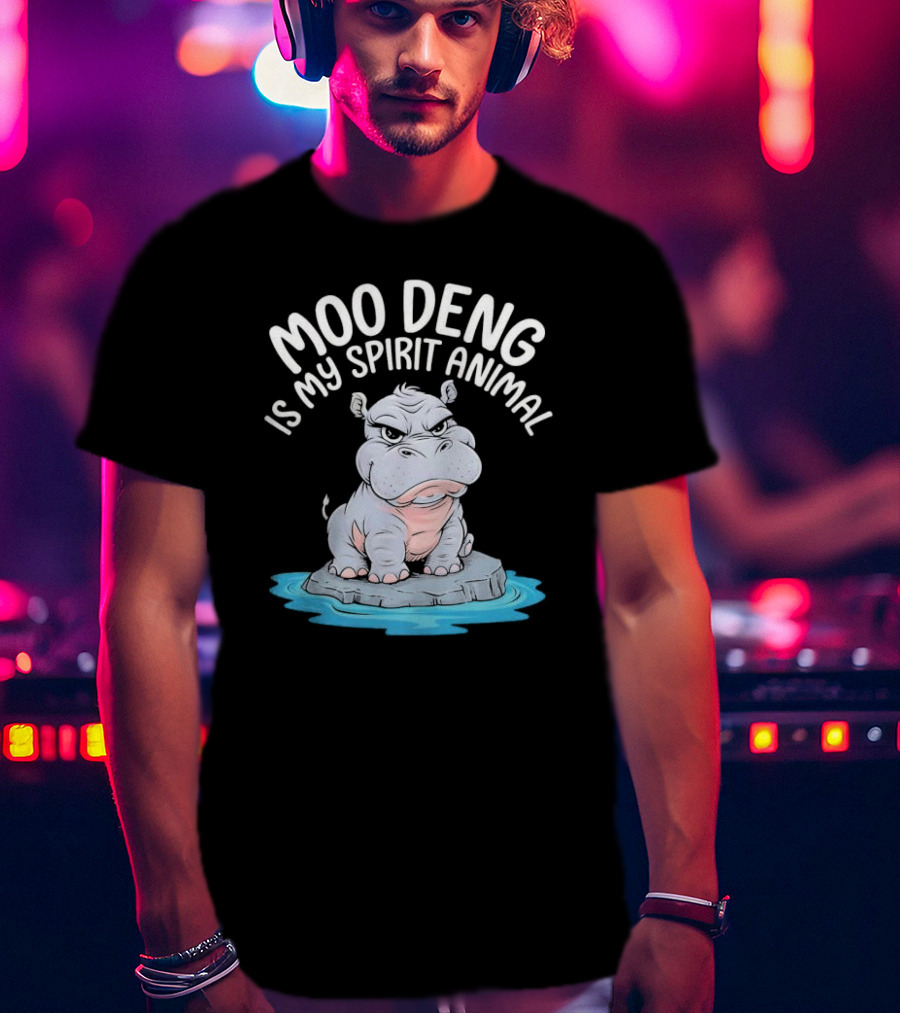Moo Deng Is My Spirit Animal Cartoon Hippo On Rock In Water T-Shirt