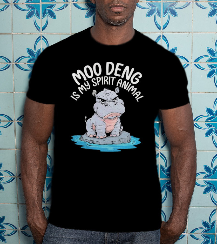 Moo Deng Is My Spirit Animal Cartoon Hippo On Rock In Water T-Shirt