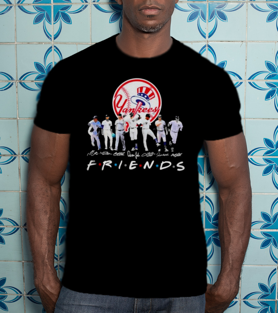 New York Yankees Friends TV Show Style Logo With Baseball Players Signatures T-Shirt