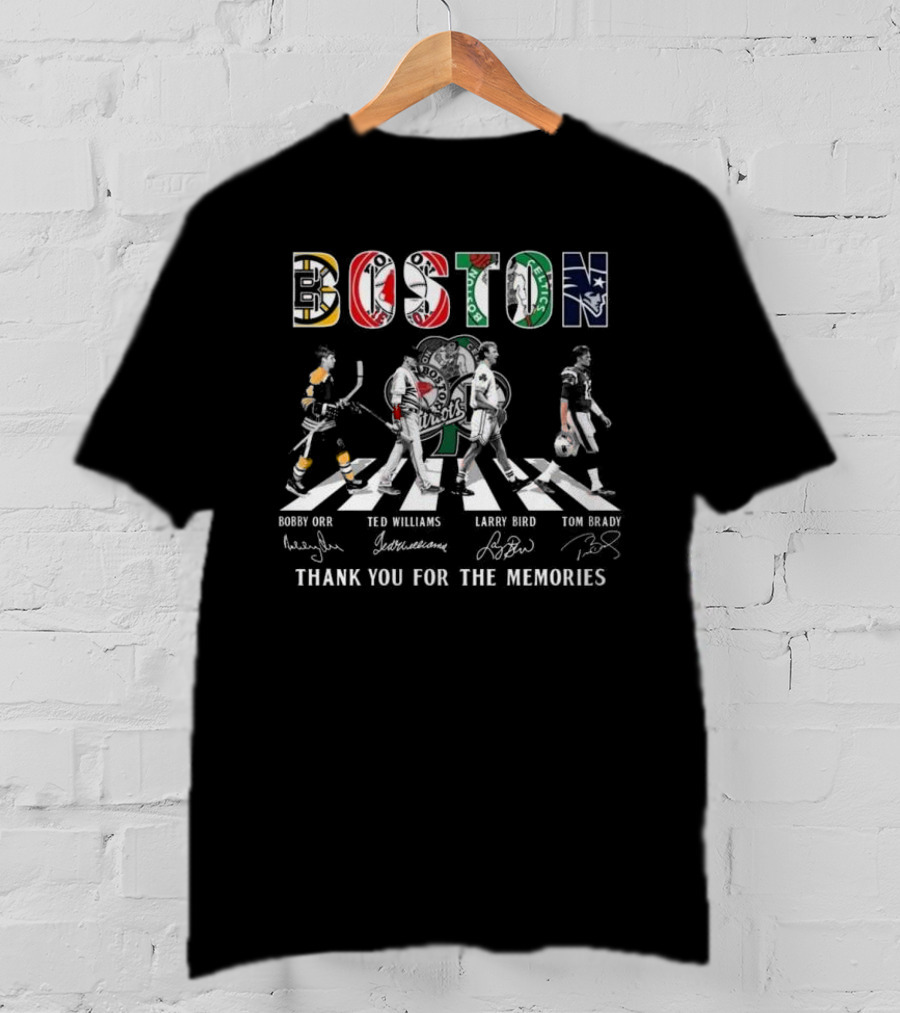 Boston Bruins Red Sox Celtics Patriots Bobby Orr Ted Williams Larry Bird Tom Brady Thank You For The Memories T-Shirt