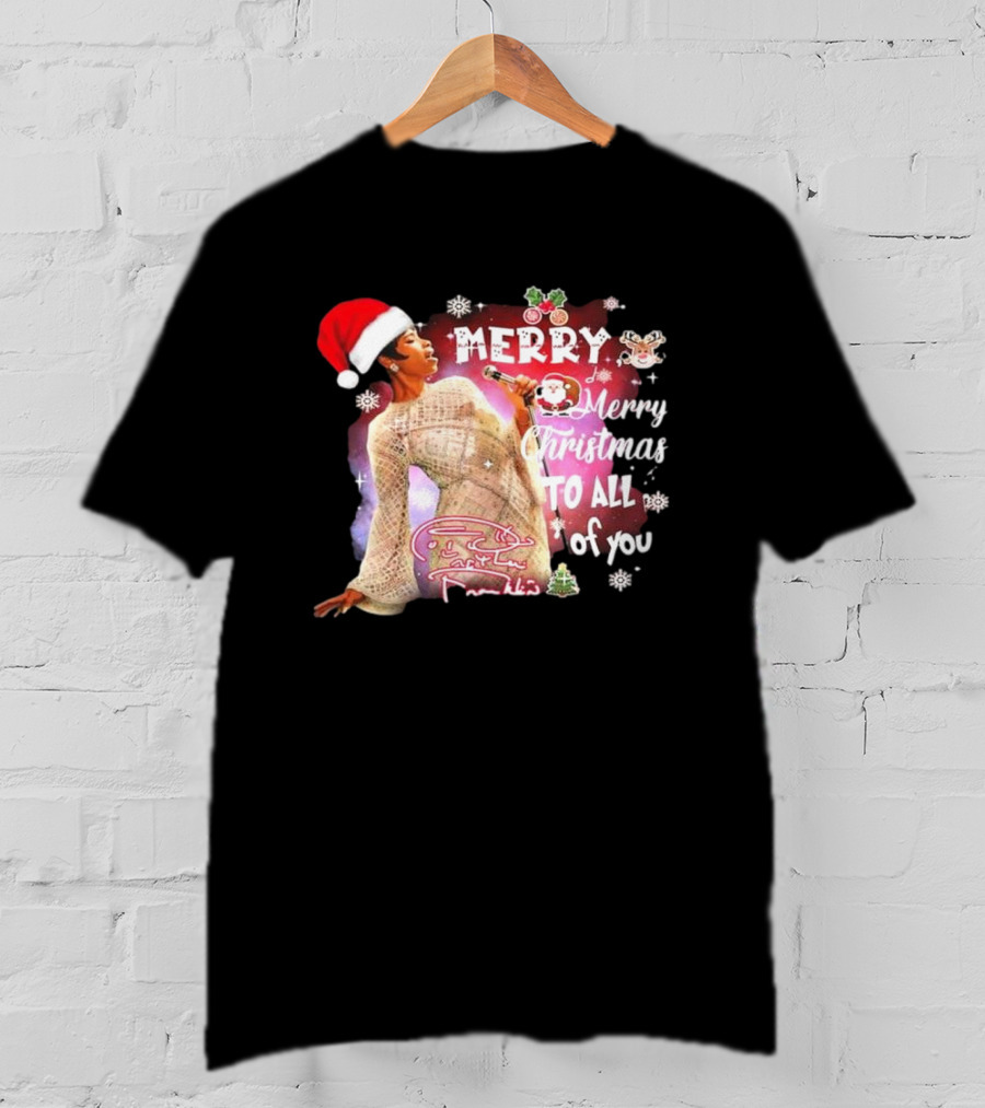 Aretha Franklin Merry Christmas To All Of You Santa Hat Snowflakes T-Shirt