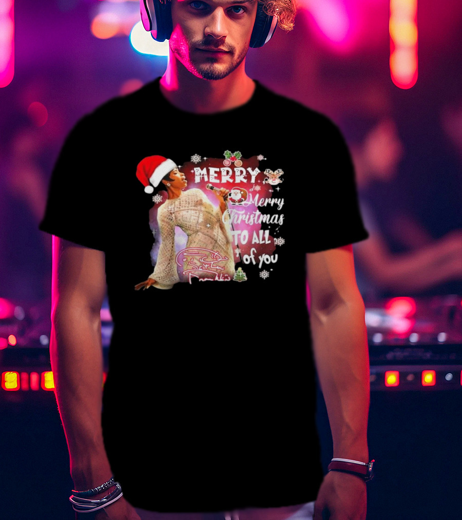 Aretha Franklin Merry Christmas To All Of You Santa Hat Snowflakes T-Shirt