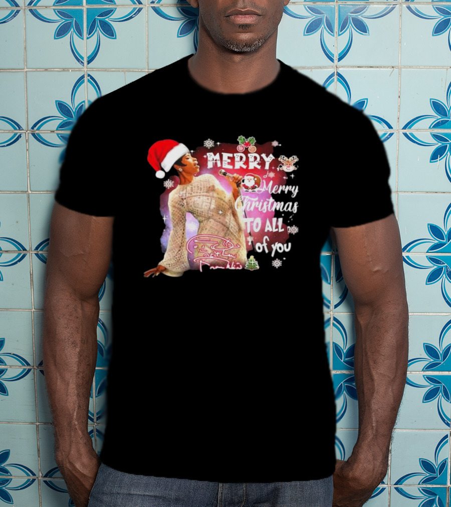 Aretha Franklin Merry Christmas To All Of You Santa Hat Snowflakes T-Shirt