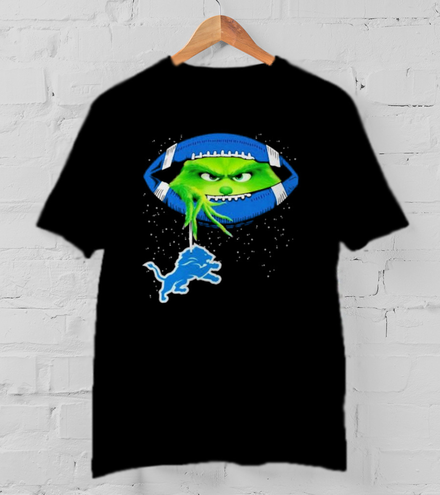 Grinch Holding Detroit Lions Logo Inside Football Christmas T-Shirt