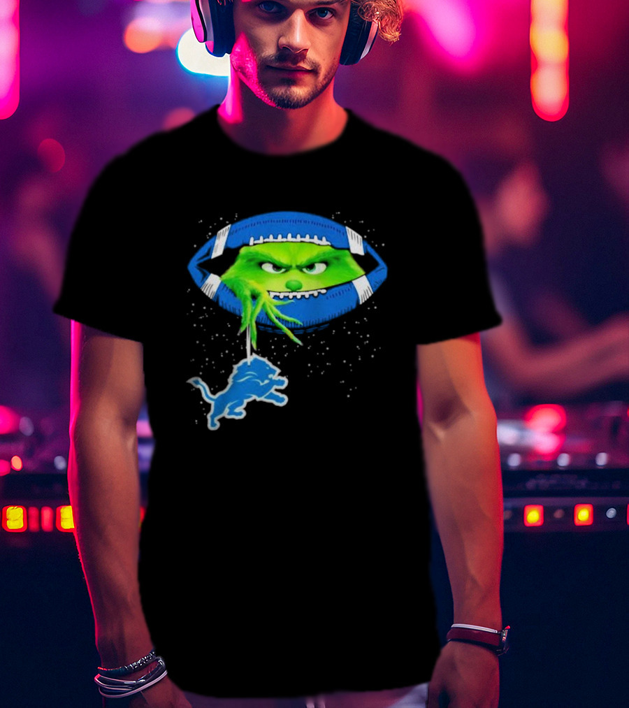 Grinch Holding Detroit Lions Logo Inside Football Christmas T-Shirt