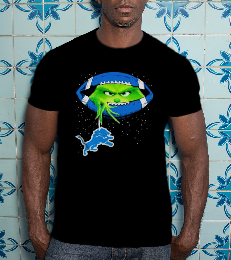 Grinch Holding Detroit Lions Logo Inside Football Christmas T-Shirt
