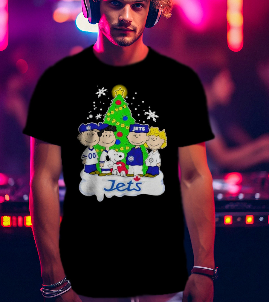 Winnipeg Jets Peanuts Characters Christmas Tree Snoopy Snowflakes T-Shirt
