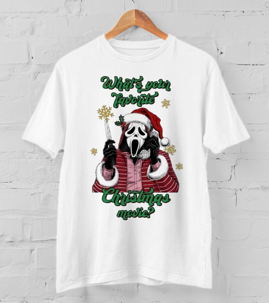 What’s Your Favorite Christmas Movie Santa Skeleton Ghost Face Costume T-Shirt