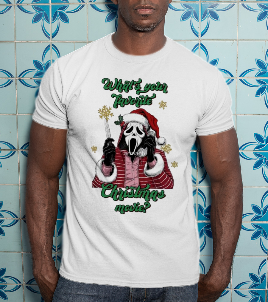 What’s Your Favorite Christmas Movie Santa Skeleton Ghost Face Costume T-Shirt