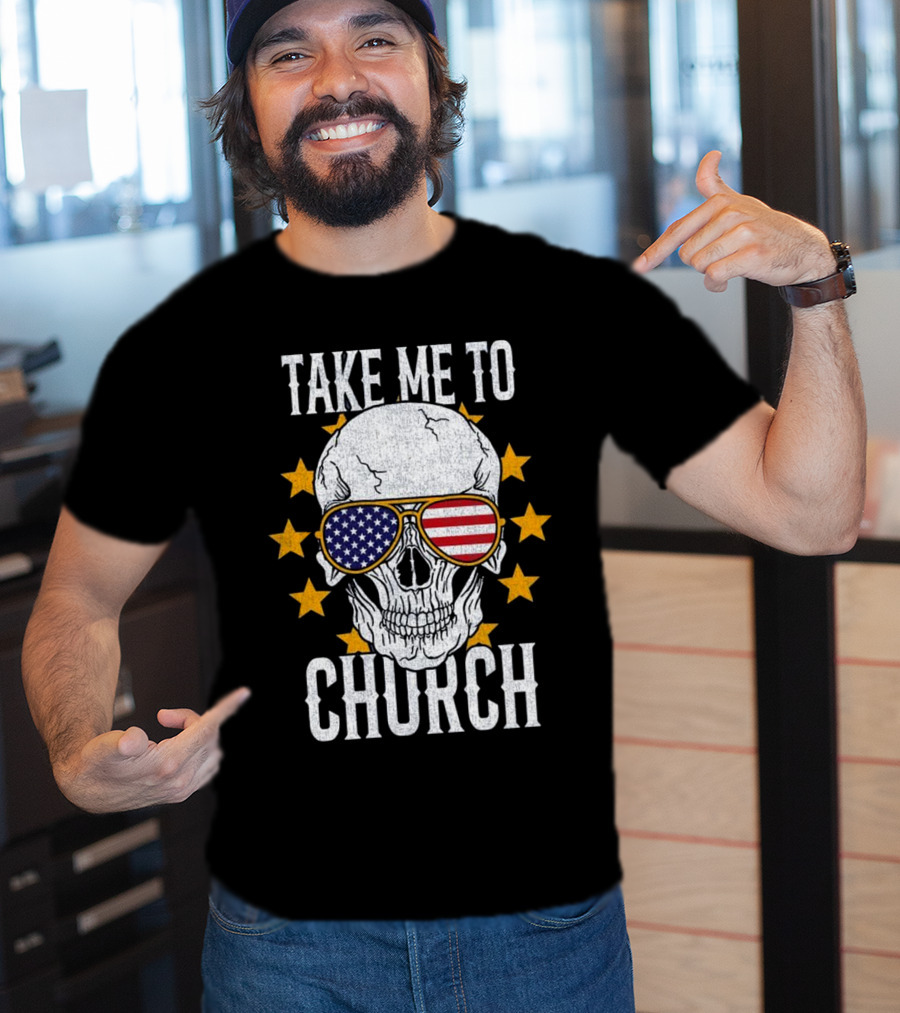Take Me To Church Skull American Flag Sunglasses T-Shirt