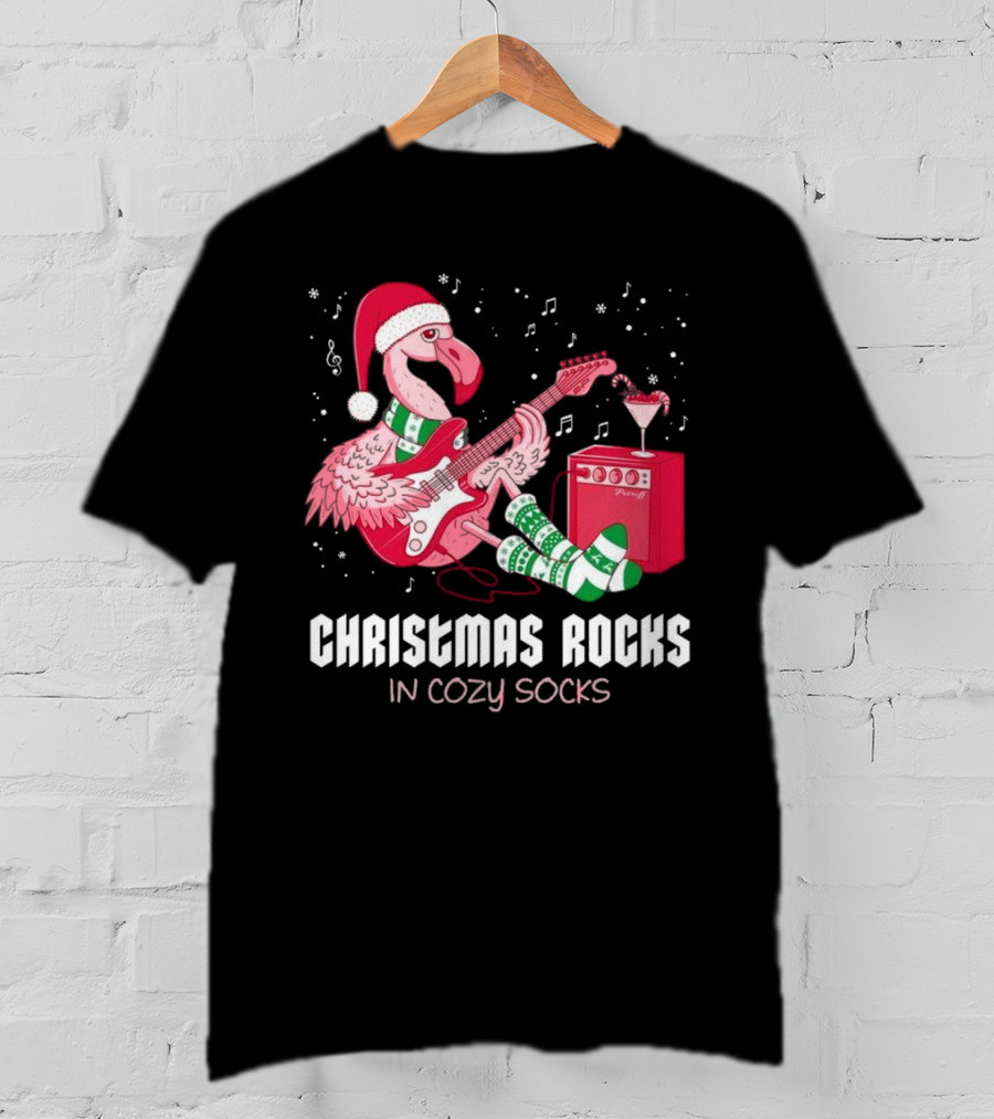 Christmas Rocks In Cozy Socks Flamingo Festive Vibes T-Shirt