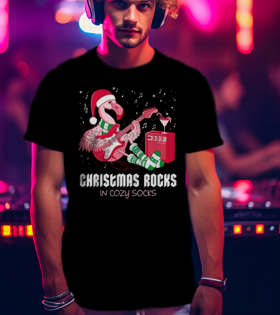 Christmas Rocks In Cozy Socks Flamingo Festive Vibes T-Shirt