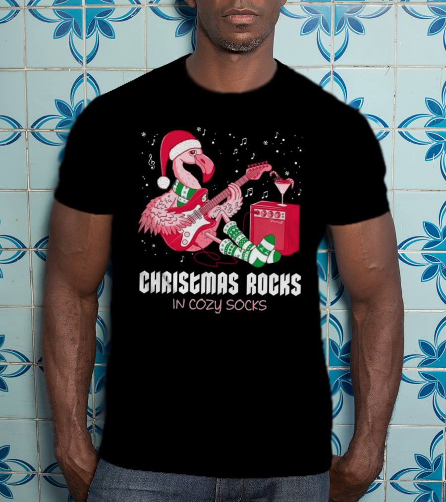 Christmas Rocks In Cozy Socks Flamingo Festive Vibes T-Shirt