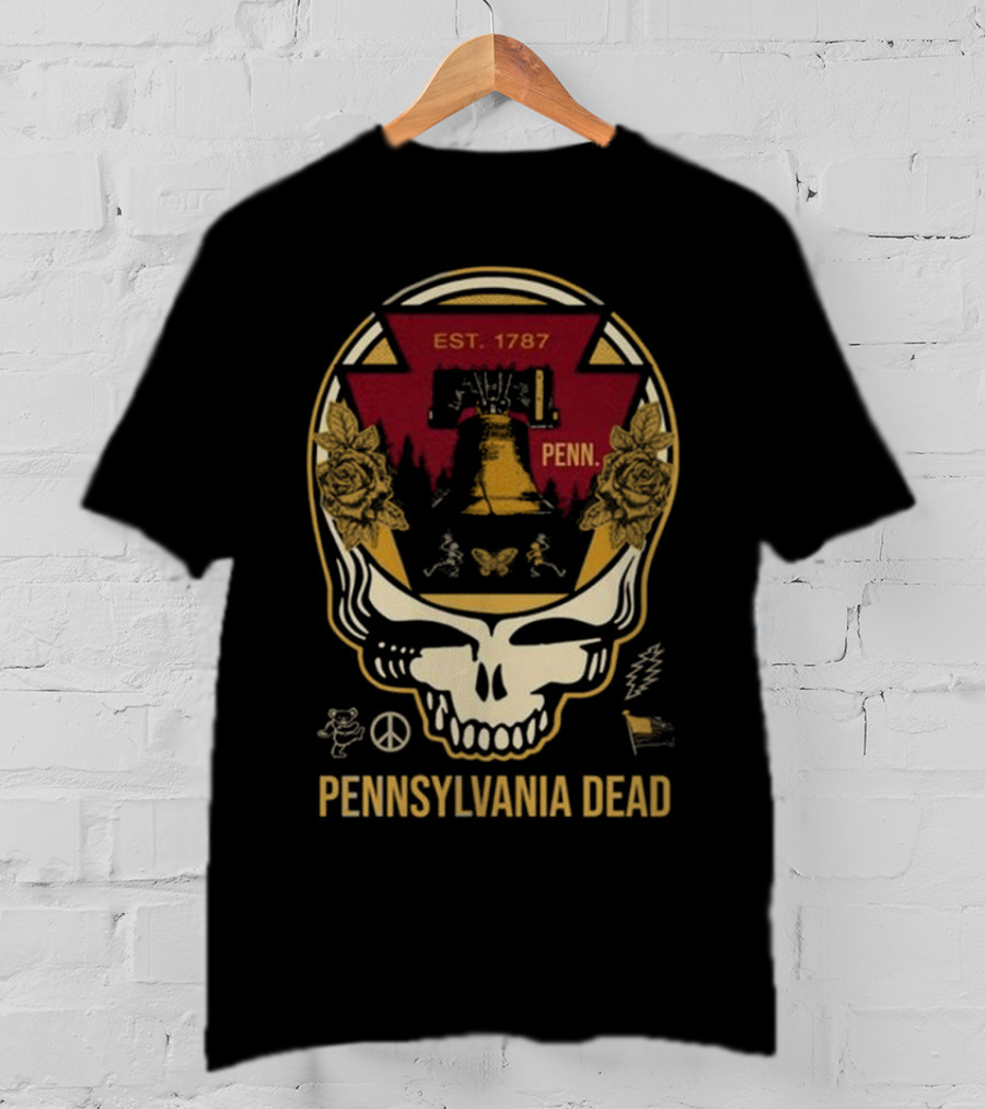 Pennsylvania Dead Est. 1787 Penn Skull With Liberty Bell And Roses T-Shirt
