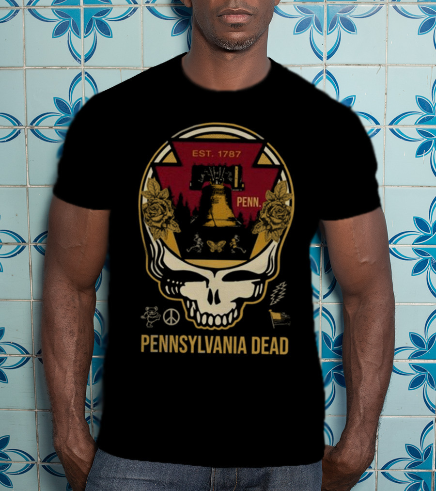 Pennsylvania Dead Est. 1787 Penn Skull With Liberty Bell And Roses T-Shirt