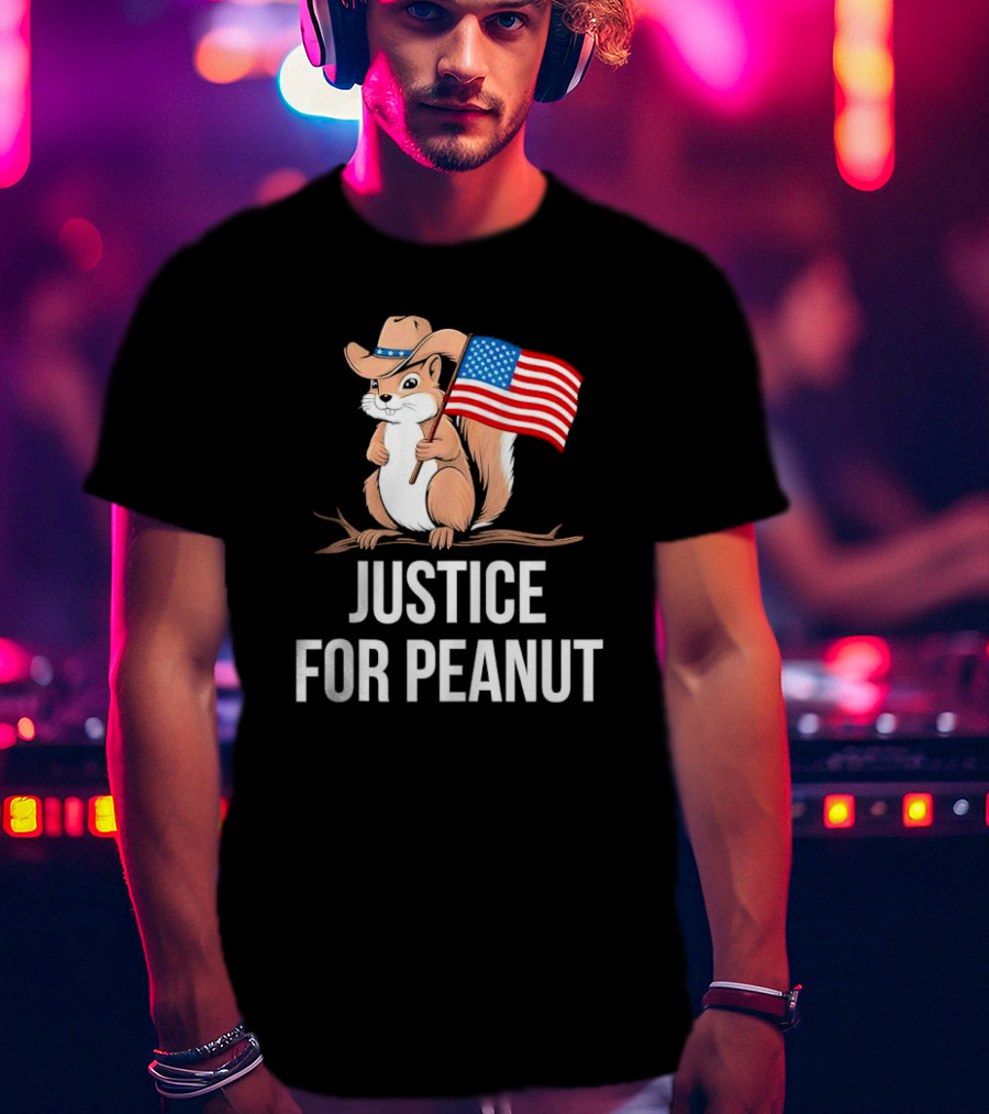 Justice For Peanut Squirrel Holding US Flag In Cowboy Hat T-Shirt