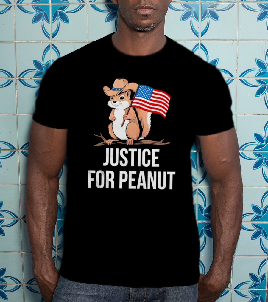 Justice For Peanut Squirrel Holding US Flag In Cowboy Hat T-Shirt