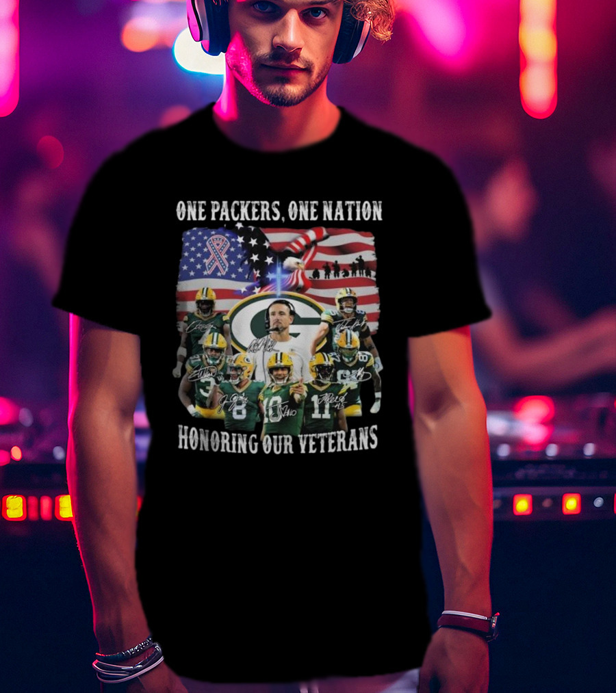 One Packers One Nation Honoring Our Veterans Green Bay Packers Flag Signatures T-Shirt