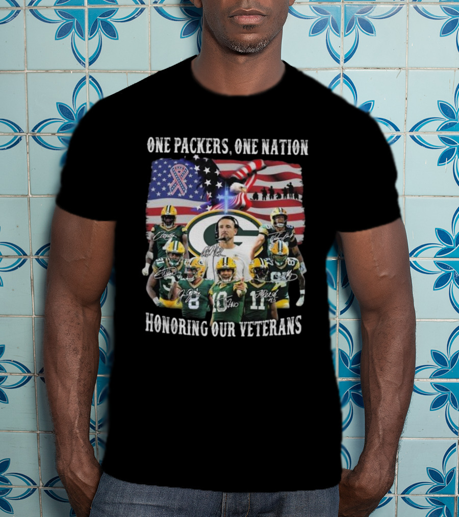 One Packers One Nation Honoring Our Veterans Green Bay Packers Flag Signatures T-Shirt