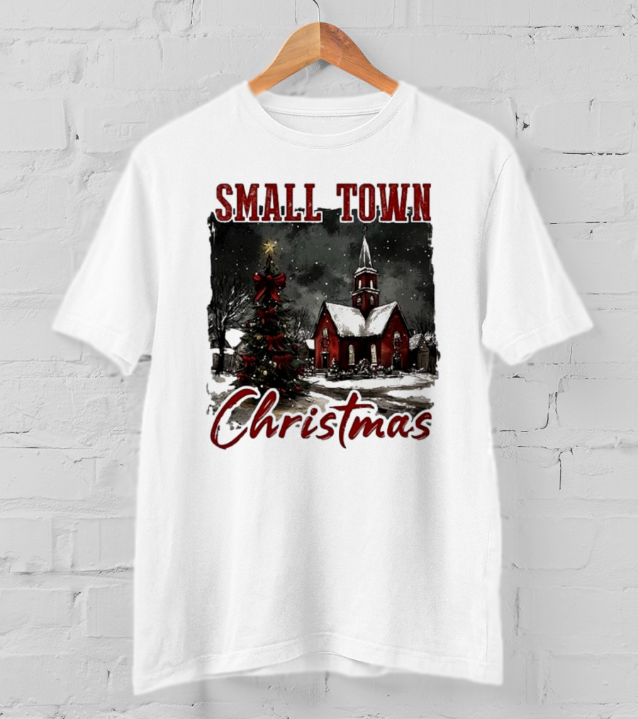 Vintage Retro Small Town Christmas Church Scene T-Shirt