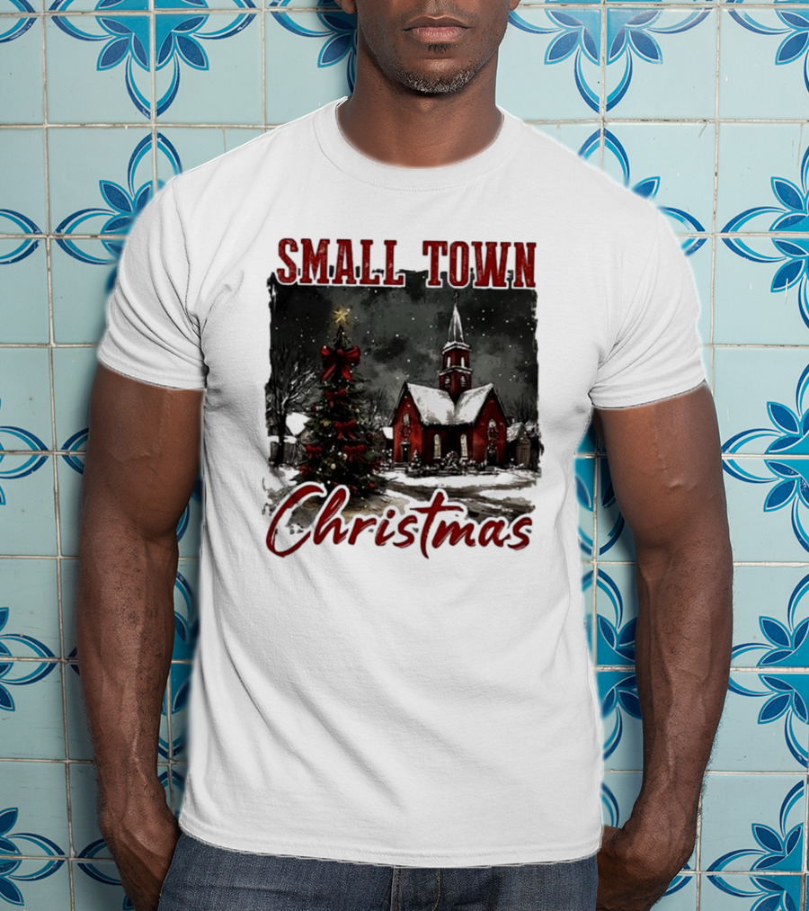 Vintage Retro Small Town Christmas Church Scene T-Shirt