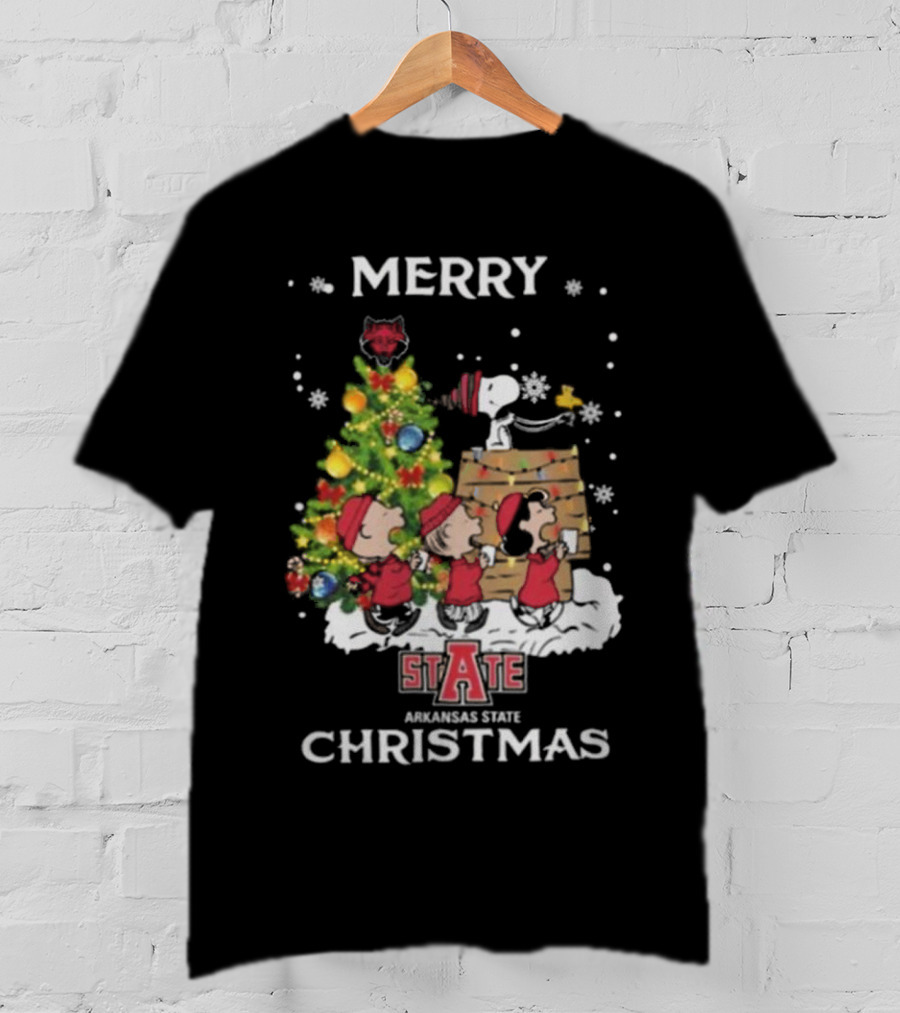 Merry Christmas Arkansas State Red Wolves Snoopy And Friends T-Shirt