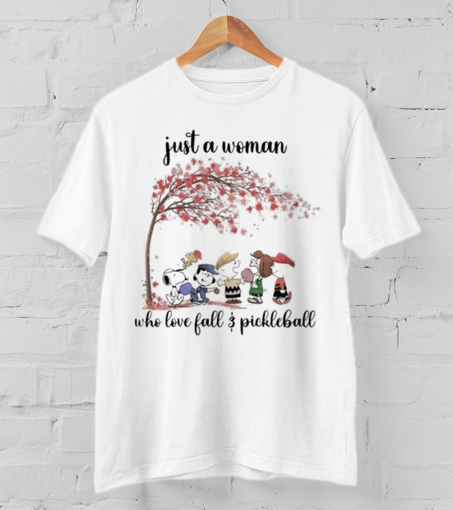 Just A Woman Who Loves Fall And Pickleball Snoopy Peanuts Charlie Brown Woodstock Linus Peppermint Patty T-Shirt
