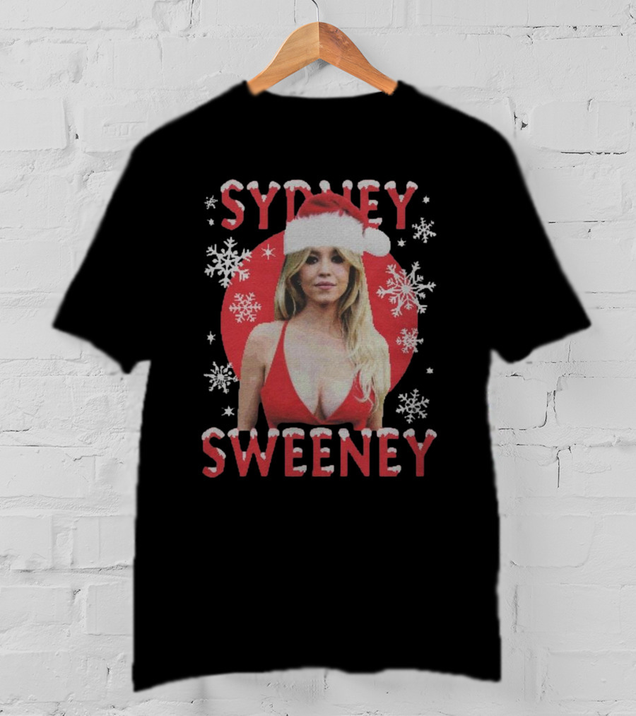 Sydney Sweeney Santa Hat Christmas Snowflakes Red Circle T-Shirt