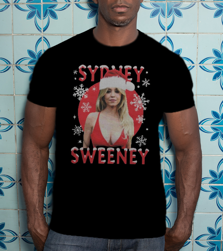 Sydney Sweeney Santa Hat Christmas Snowflakes Red Circle T-Shirt