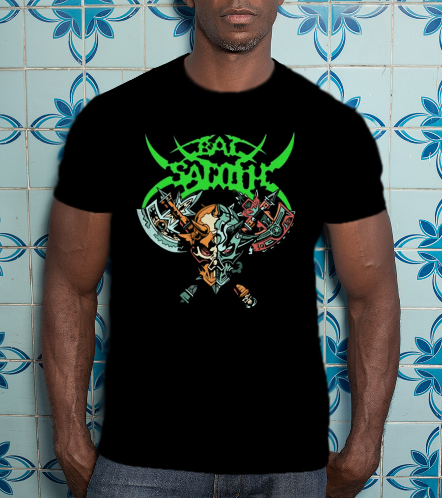 Bal-Sagoth Sigil Dual Skull With Swords And Axes Green And Red T-Shirt