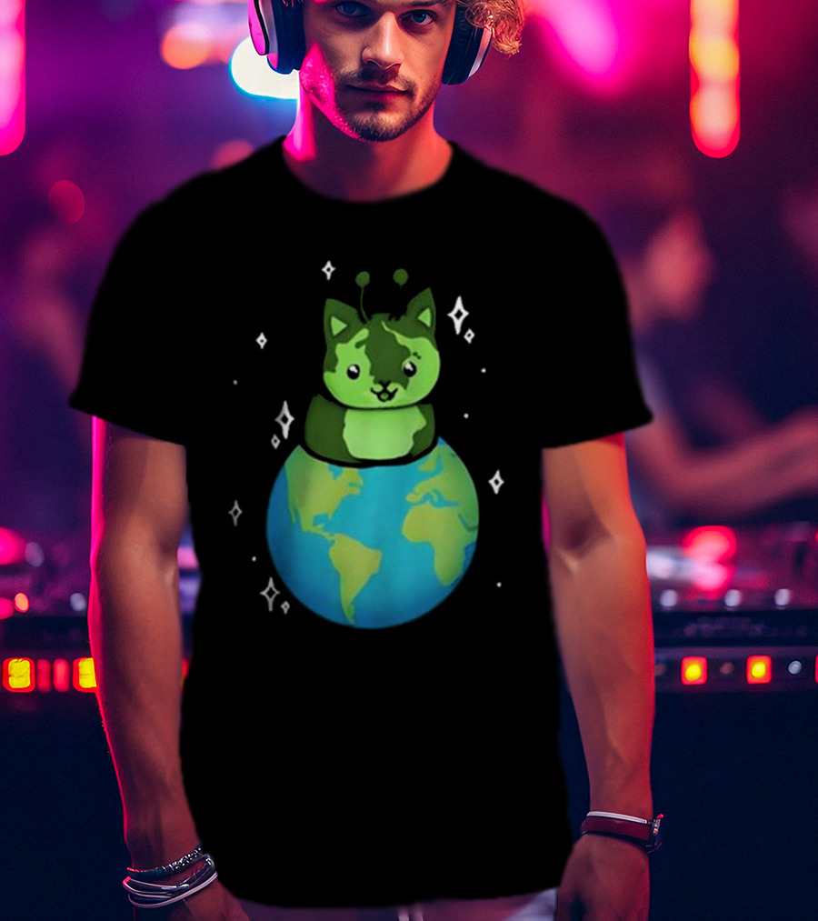 Cult Of Biscuit Alien Biscuit Cat Globe Stars T-Shirt