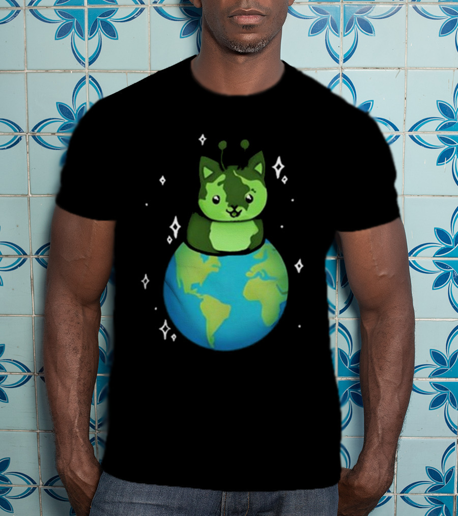 Cult Of Biscuit Alien Biscuit Cat Globe Stars T-Shirt