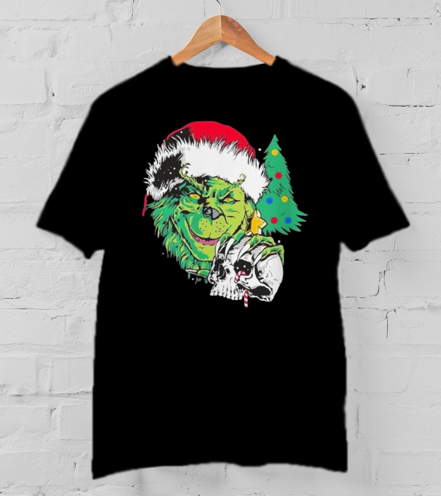 Grinch Santa Hat Skull Christmas Tree Scene T-Shirt