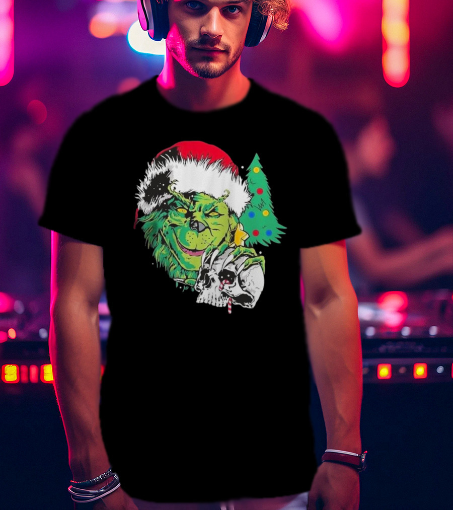 Grinch Santa Hat Skull Christmas Tree Scene T-Shirt
