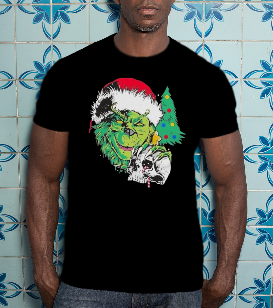 Grinch Santa Hat Skull Christmas Tree Scene T-Shirt