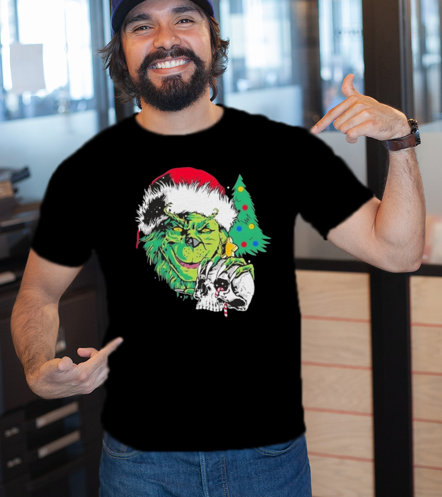 Grinch Santa Hat Skull Christmas Tree Scene T-Shirt