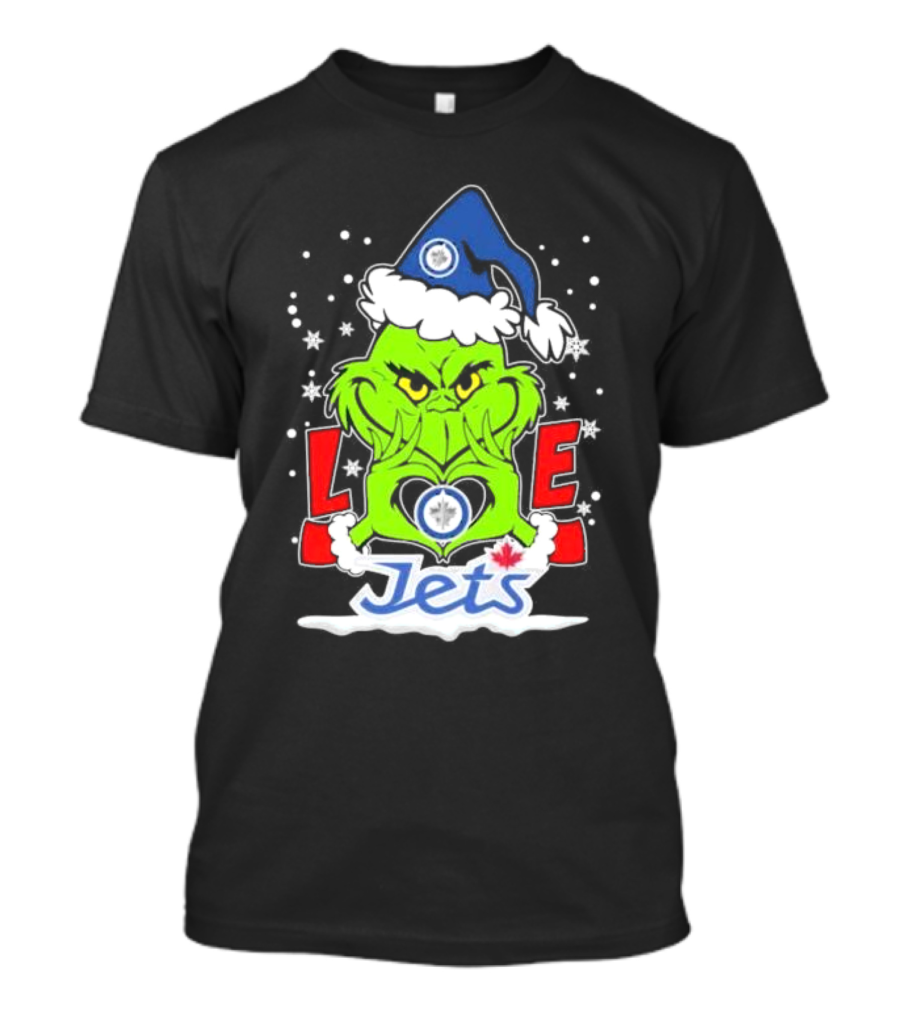 Grinch Heart Hands Love Winnipeg Jets Christmas Santa Hat Snowflakes T-Shirt