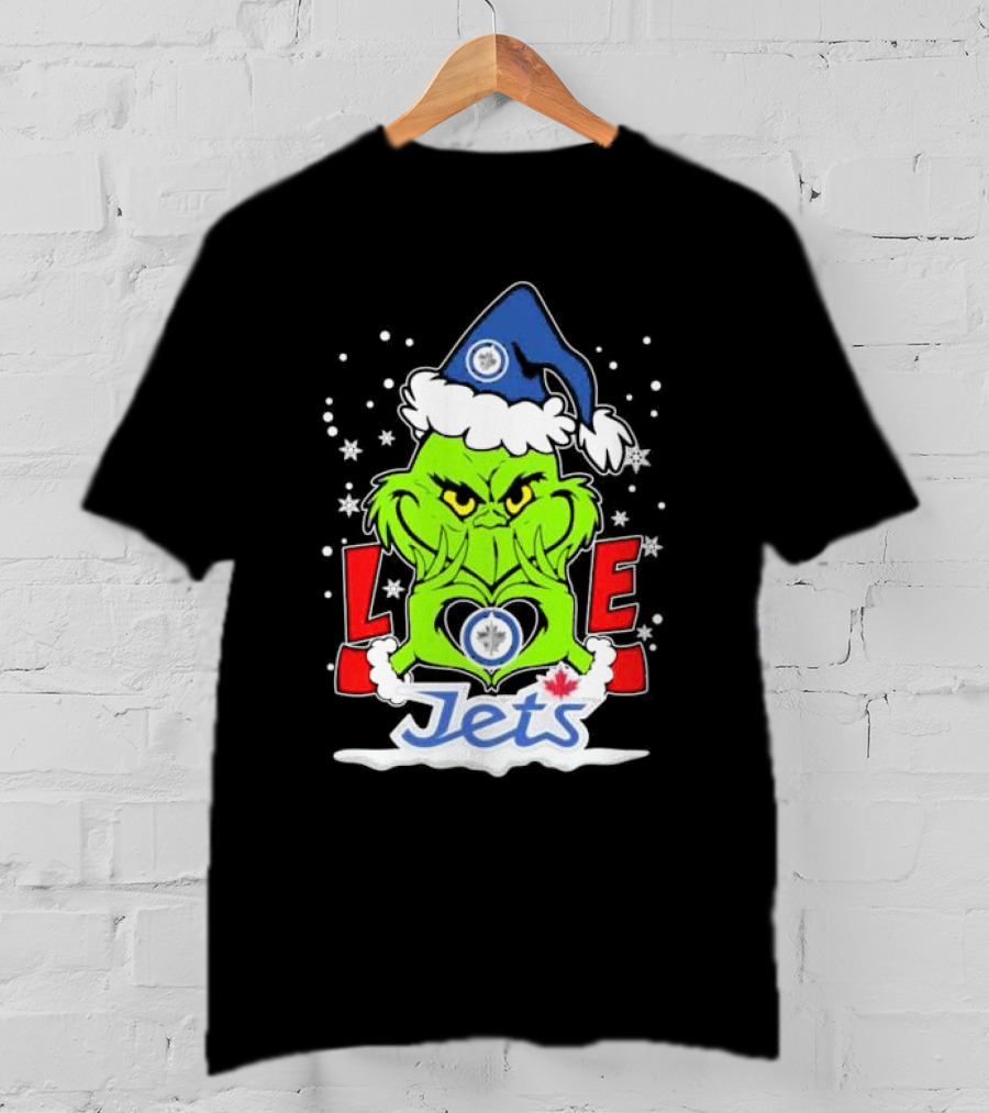 Grinch Heart Hands Love Winnipeg Jets Christmas Santa Hat Snowflakes T-Shirt