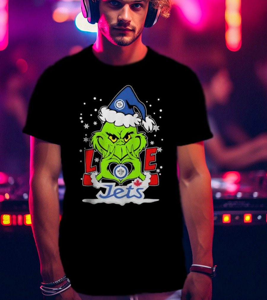 Grinch Heart Hands Love Winnipeg Jets Christmas Santa Hat Snowflakes T-Shirt