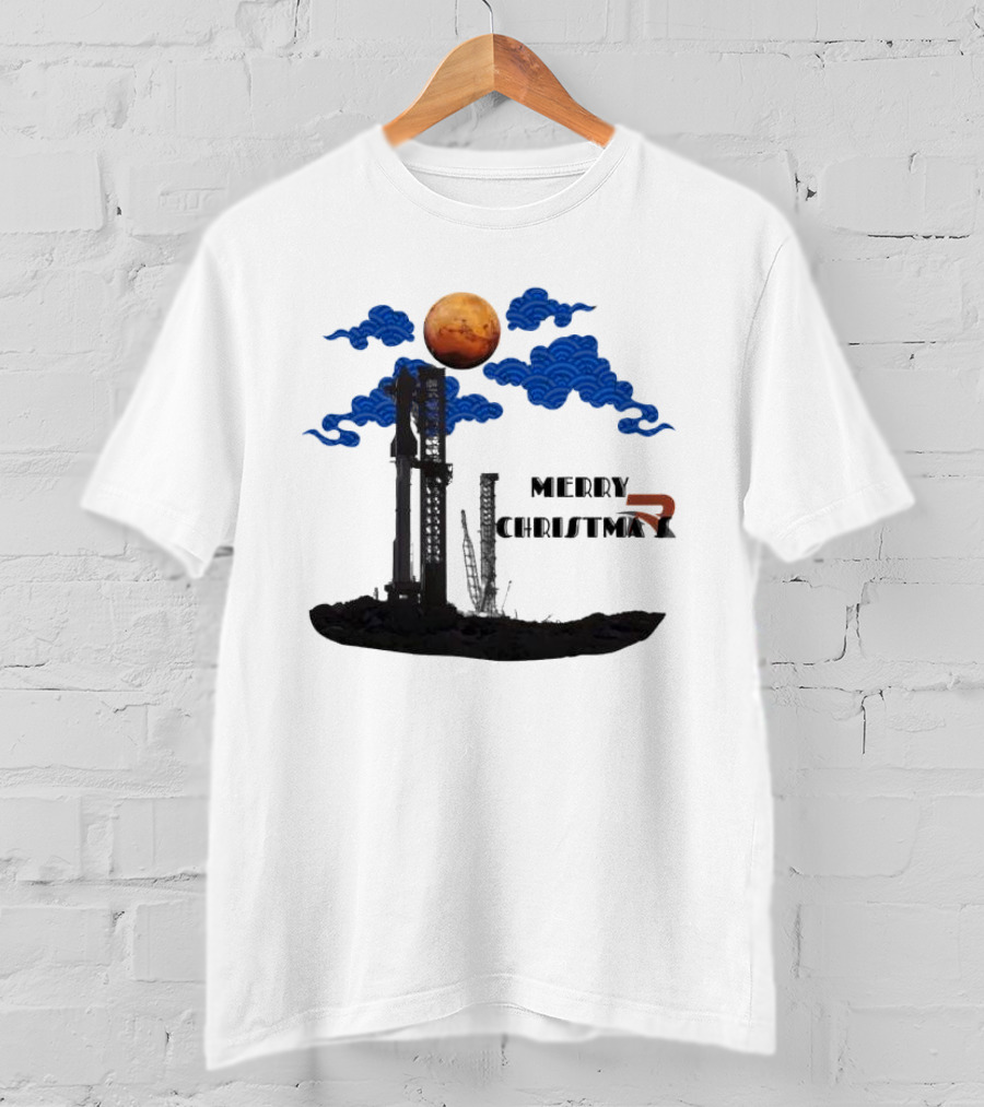 Merry Christmas Mars Rocket Mars Planet Blue Clouds T-Shirt