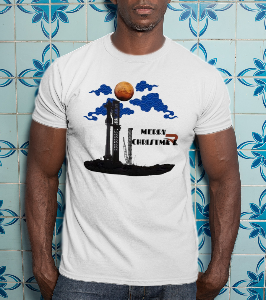 Merry Christmas Mars Rocket Mars Planet Blue Clouds T-Shirt