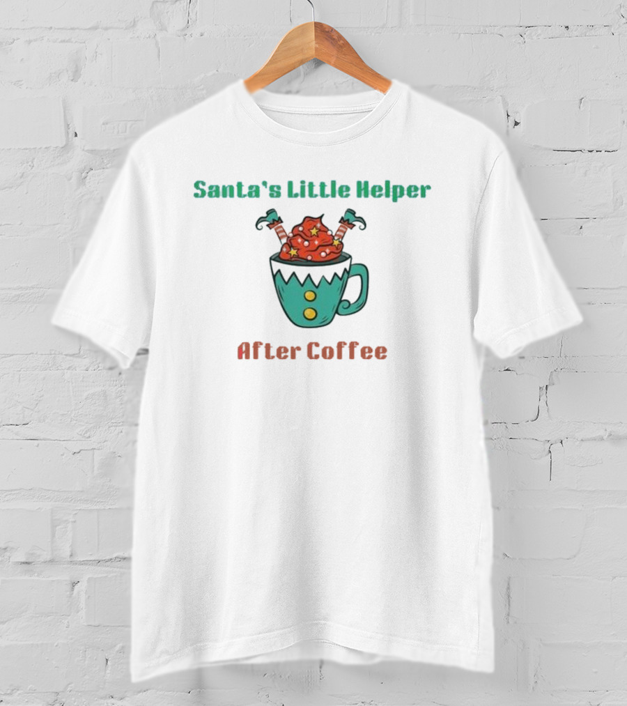 Santa's Little Helper After Coffee Christmas Mug With Candy Canes And Stars T-Shirt