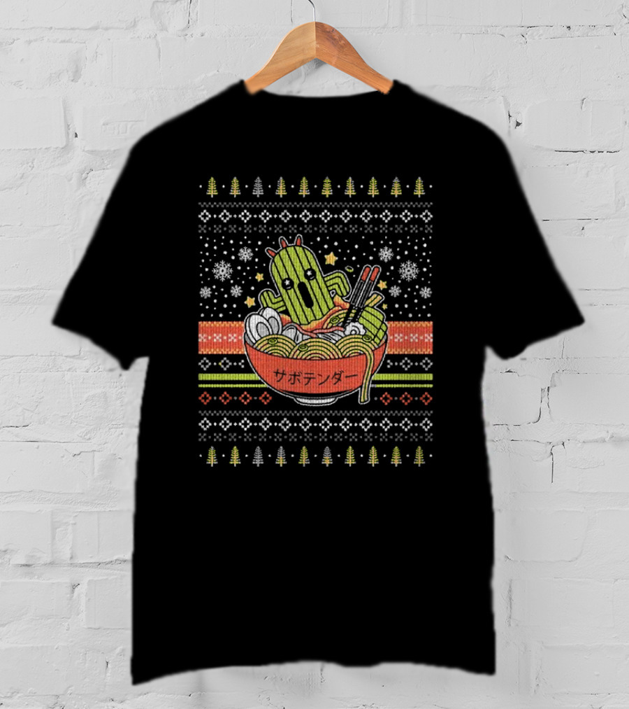 Cactuar Ramen Christmas Sweater Style With Snowflakes And Trees T-Shirt